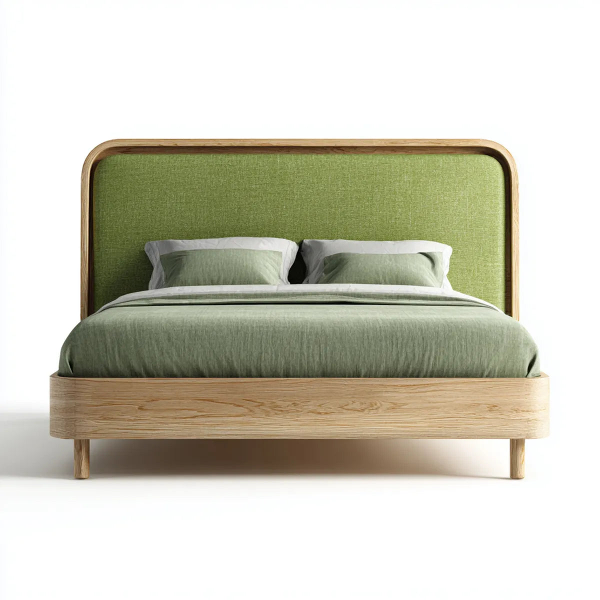 Doppelbett 180 x 200 cm Eiche Natur mit gepolstertem Kopfteil aus Polyester rechteckig