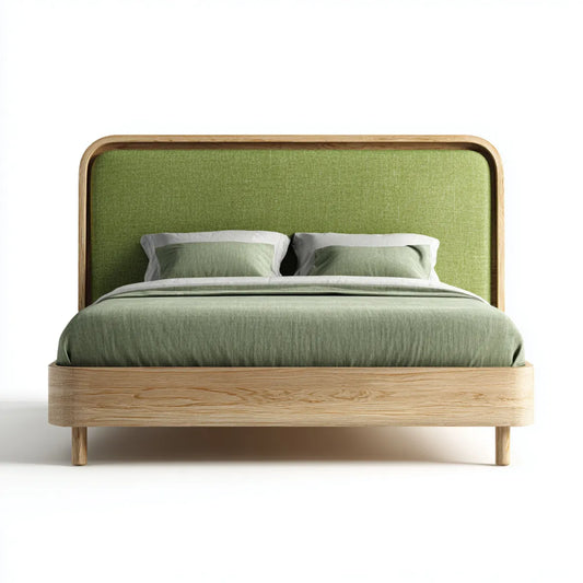 Doppelbett 180 x 200 cm Eiche Natur mit gepolstertem Kopfteil aus Polyester rechteckig