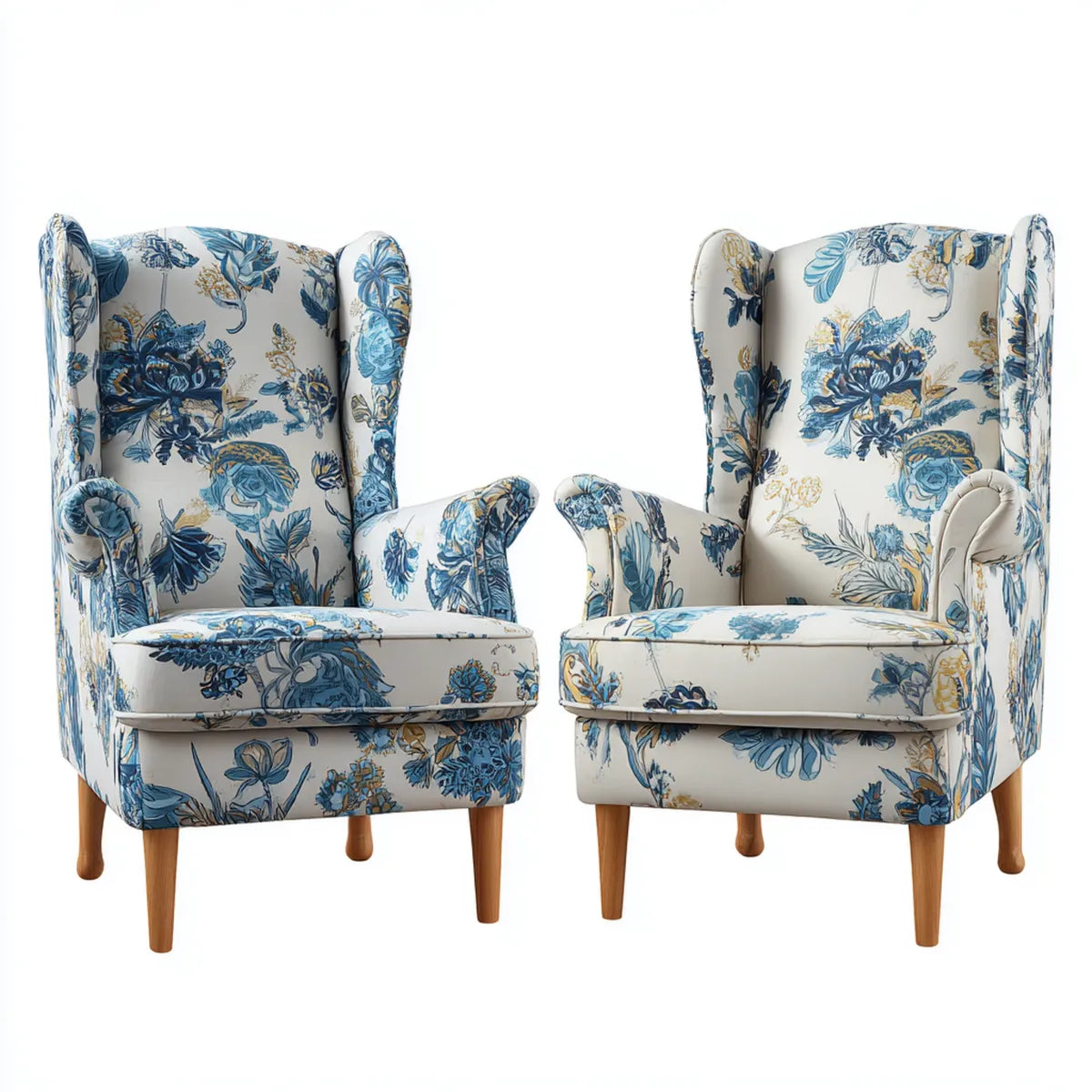 2er Set Ohrensessel Weiß Blau mit Blumenmuster 80 x 85 x 105 cm Polyesterbezug Massivholzbeine