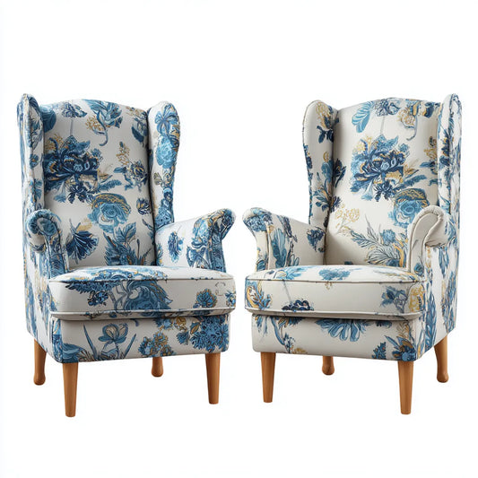 2er Set Ohrensessel Weiß Blau mit Blumenmuster 80 x 85 x 105 cm Polyesterbezug Massivholzbeine